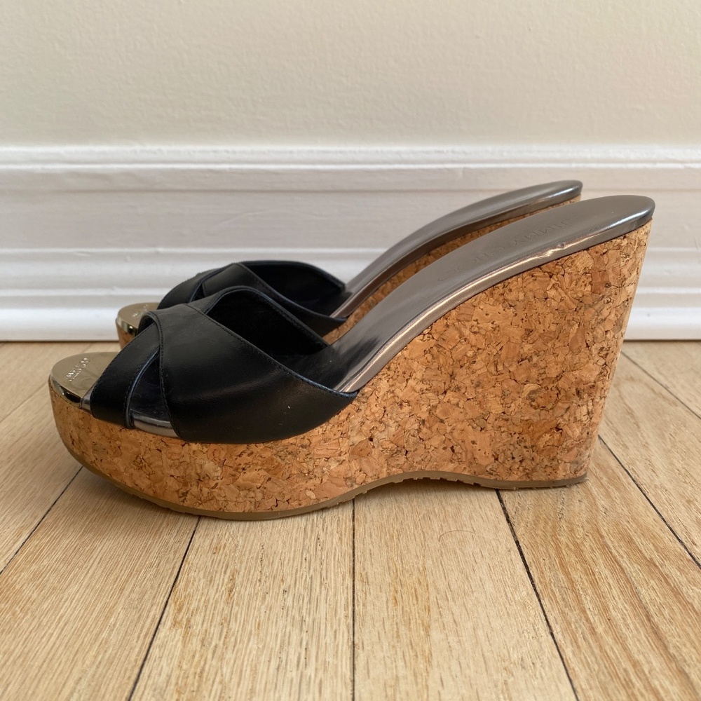 Jimmy Choo Black Leather Cork Wedge Sandals – Size Approx. 8